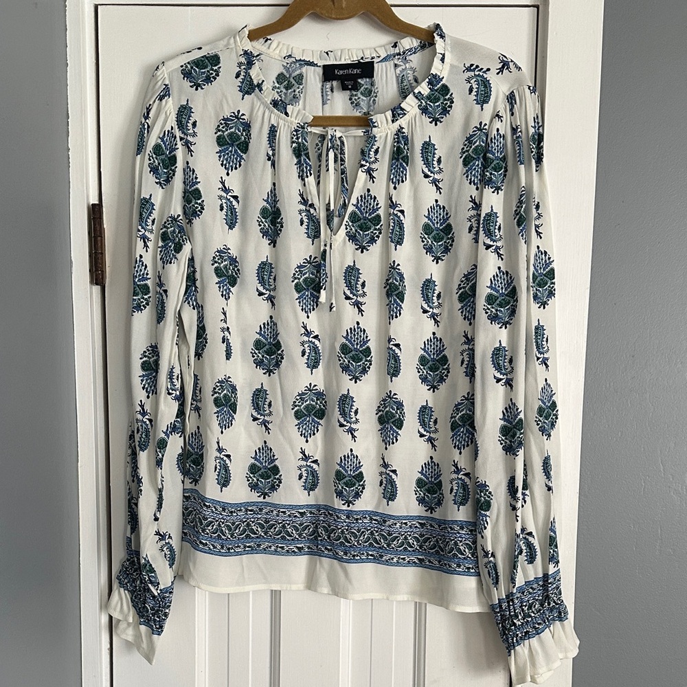 NWT Karen Kane Aquamarine Printed Peasant Blouse Blue Paisley Boho Top M